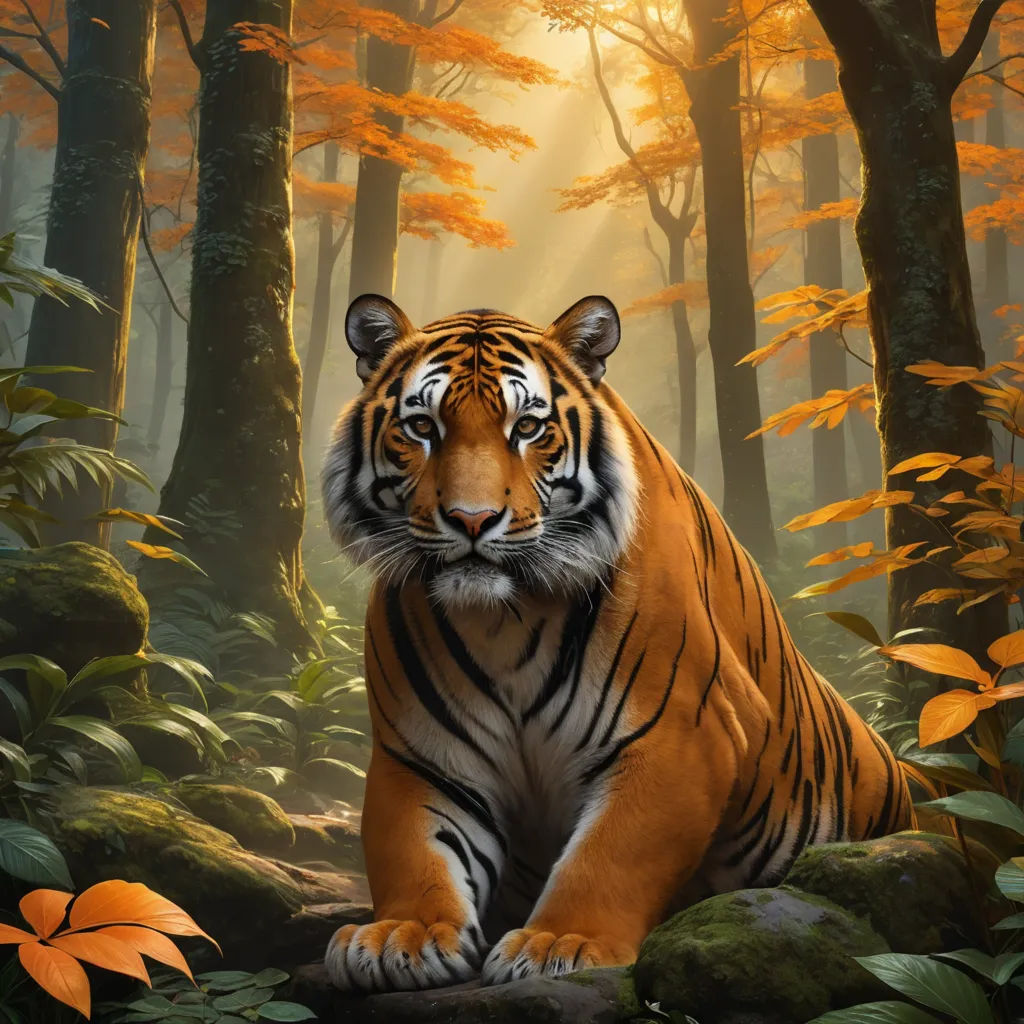a tiger sitting in the middle of a forest with trees and leaves around it and a bright light coming from behind it, fantasy art, an airbrush painting, Anne Stokes, highly detailed digital painting