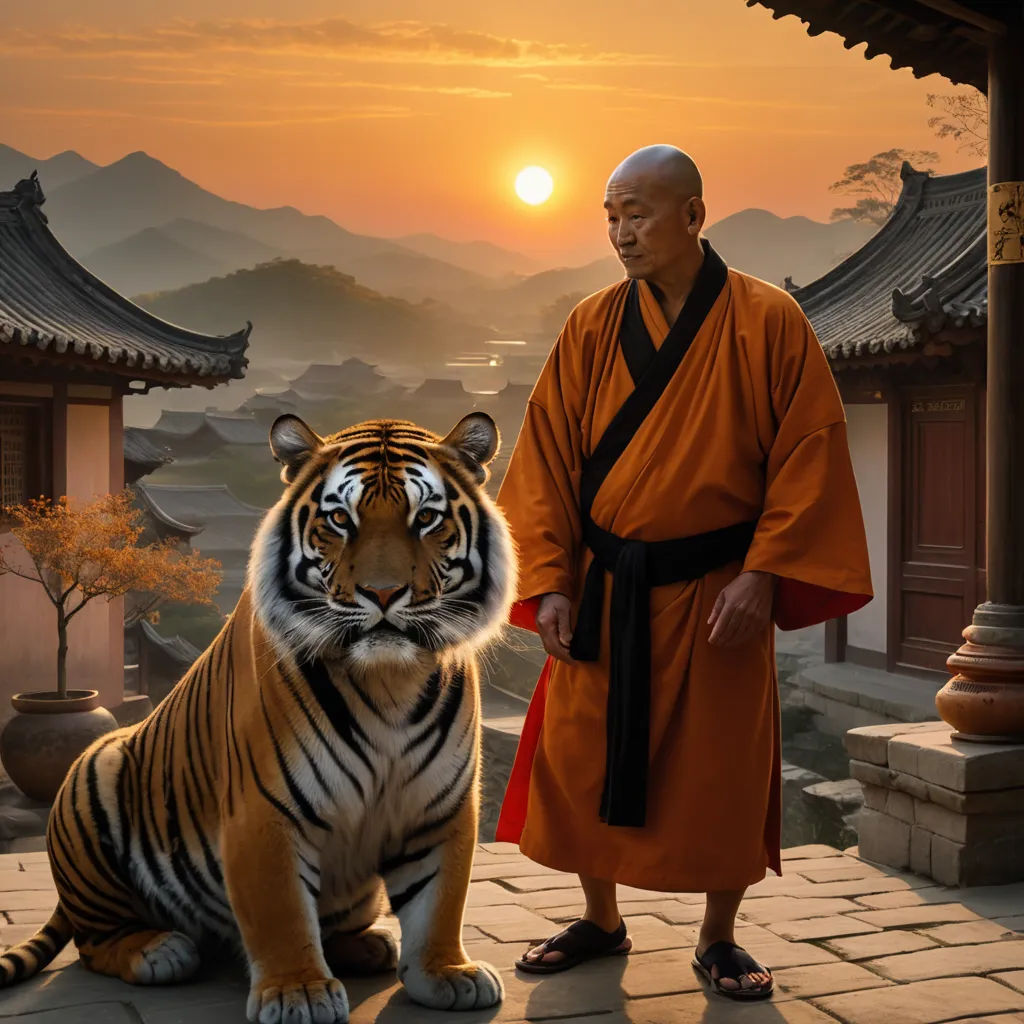 a man standing next to a tiger on a stone walkway at sunset with mountains in the background and a pagoda in the foreground, art photography, a detailed matte painting, Andrew Law, cinematic photography
