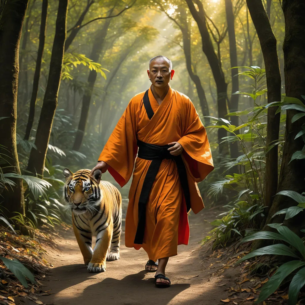 a man in an orange robe walking a tiger down a path in the woods with trees and bushes behind him, art photography, a colorized photo, Andrew Law, animal photography