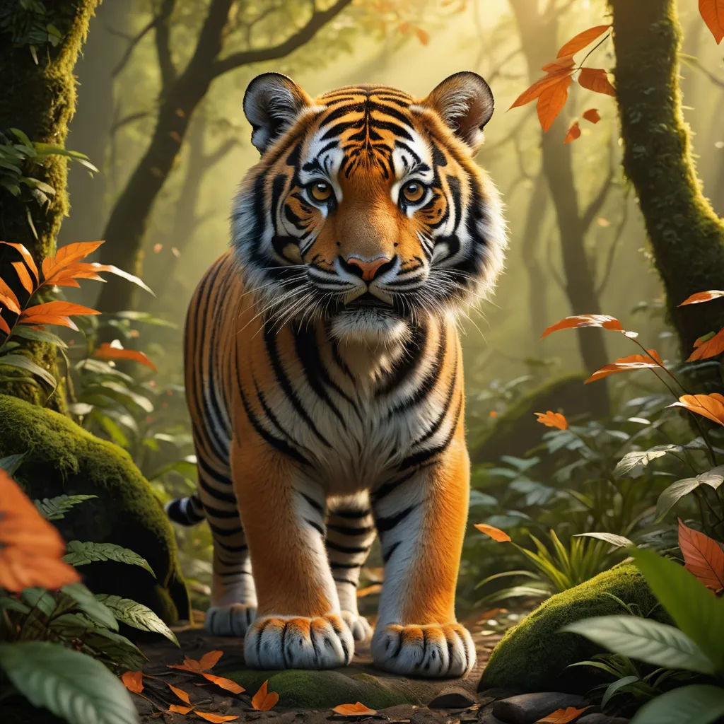 a tiger walking through a forest filled with leaves and trees, with a bright light shining on the tiger, photorealism, a 3D render, Eddie Mendoza, photoreal