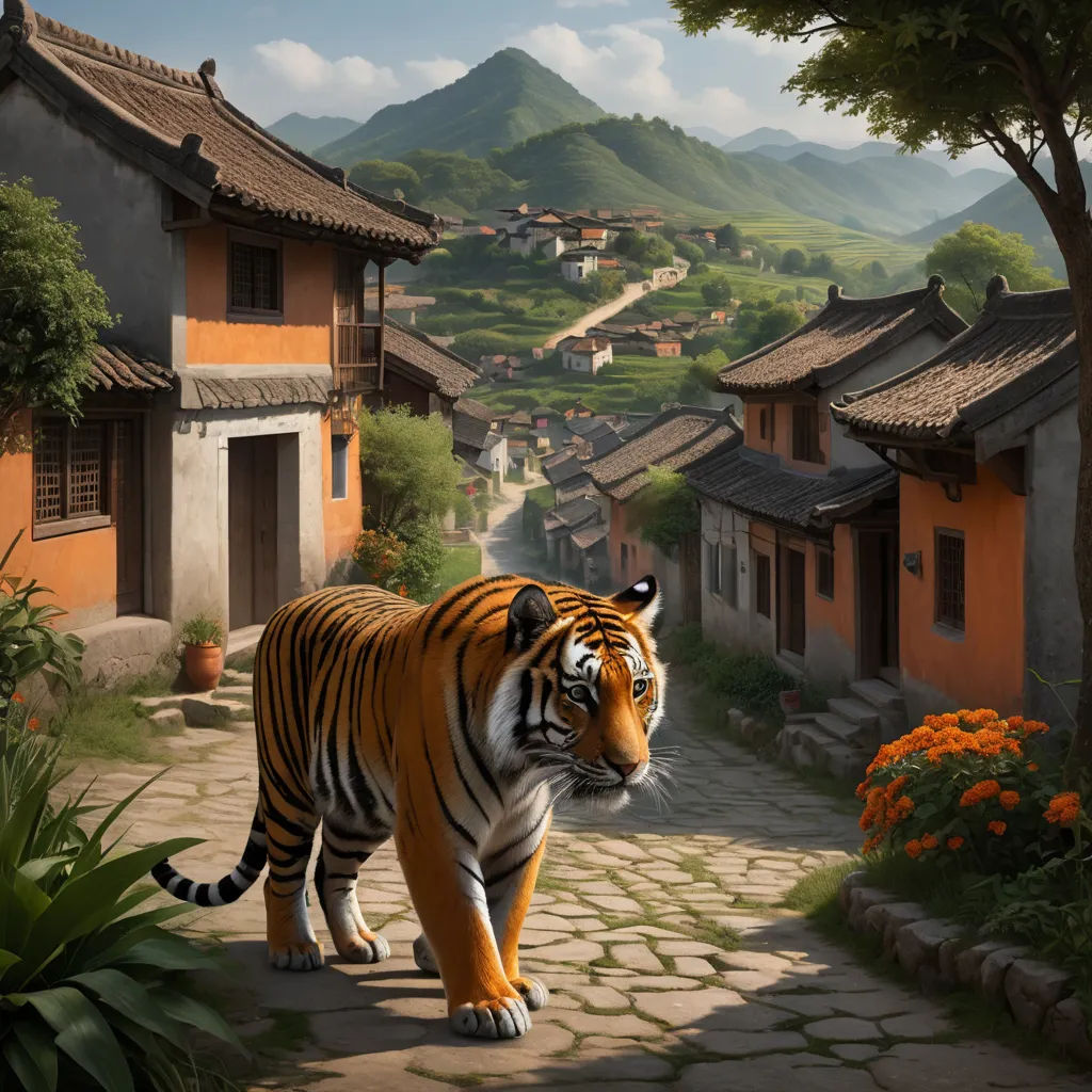 a tiger walking down a stone path in a village with mountains in the background and a village with houses, photorealism, a matte painting, Evgeny Lushpin, matte painting