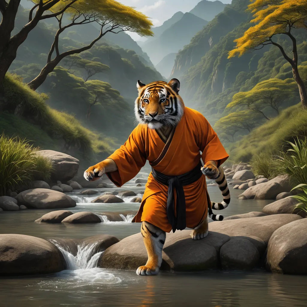 a tiger in a robe is walking across a stream with a stream of water in front of him and a mountain range in the background, furry art, a detailed matte painting, Chris LaBrooy, professional digital painting