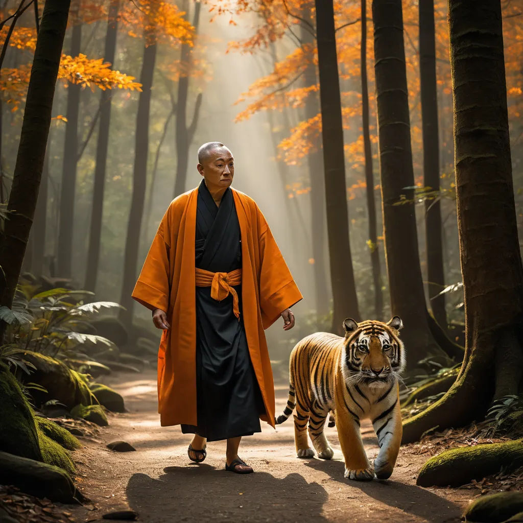a man in a robe and tiger walking in the woods with trees in the background and a light coming from behind, naturalism, a colorized photo, Andrew Law, cinematic photography