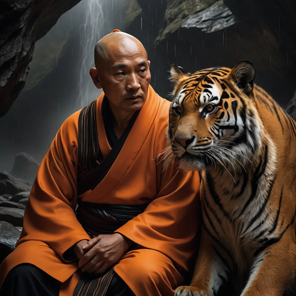 a man sitting next to a tiger in a cave with a waterfall behind him and a waterfall behind him, art photography, a detailed matte painting, Fang Congyi, cinematic photography