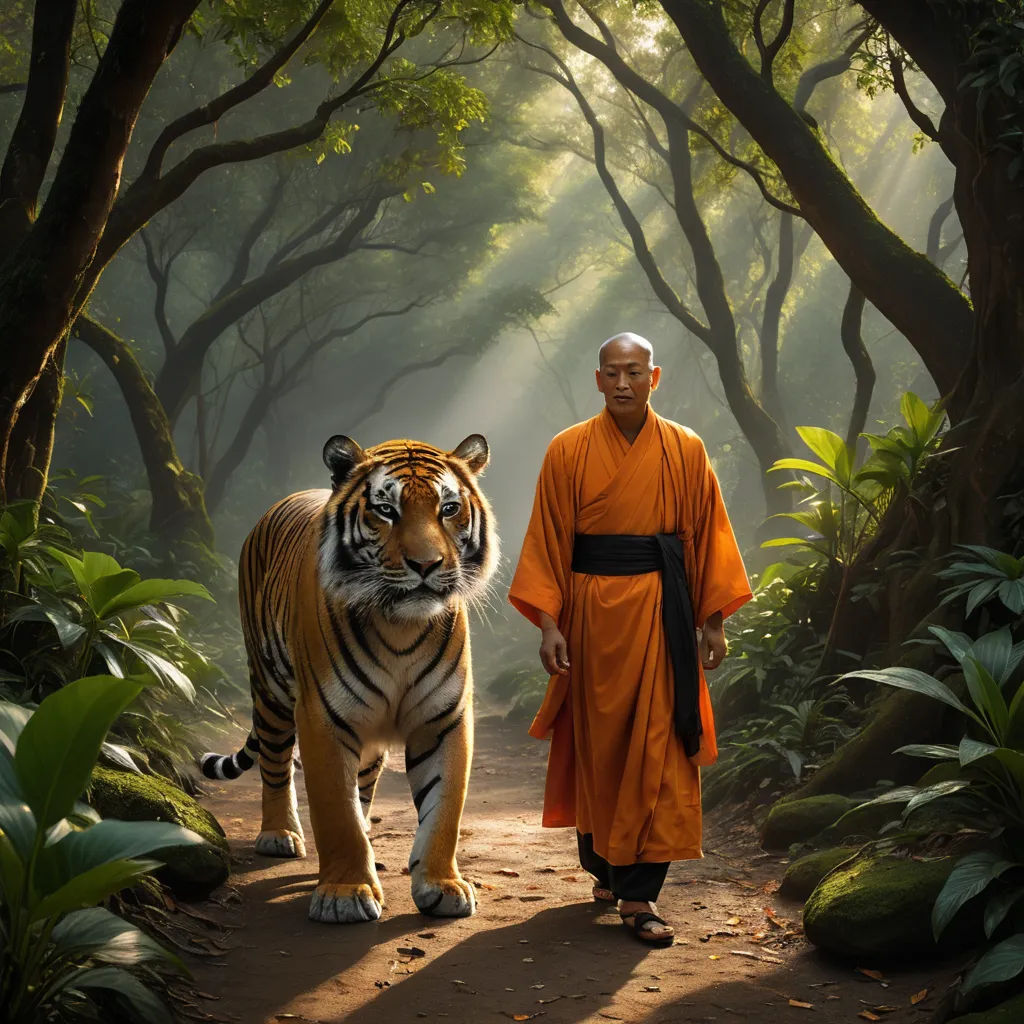 a man in an orange robe and a tiger in a forest with trees and bushes behind him, with a man in an orange robe and a tiger in the foreground, art photography, a matte painting, Andrew Law, cinematic photography