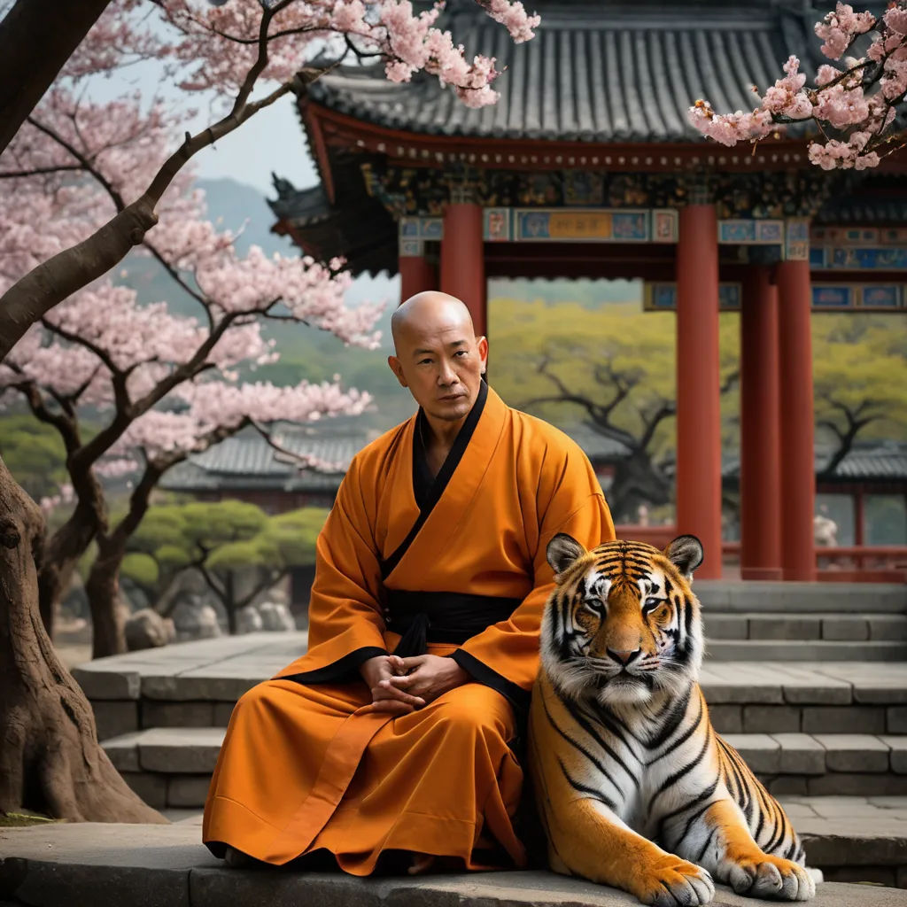 a man sitting on steps next to a tiger in front of a pagoda with cherry blossom trees in the background, cloisonnism, a character portrait, Chen Jiru, cinematic photography