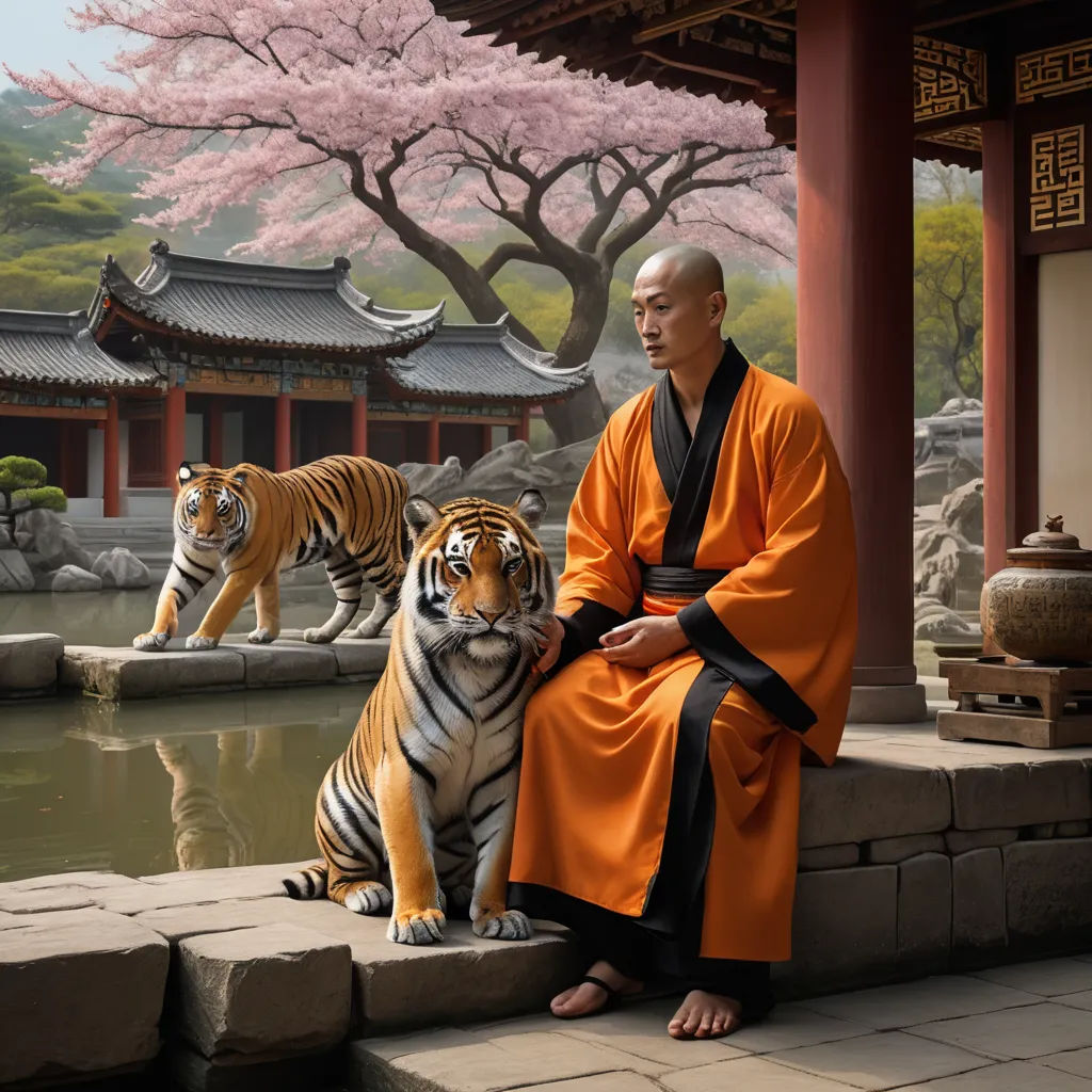 a man sitting next to a tiger in front of a pond of water with a tiger standing next to him, photorealism, a photorealistic painting, Chen Hong, highly detailed digital painting
