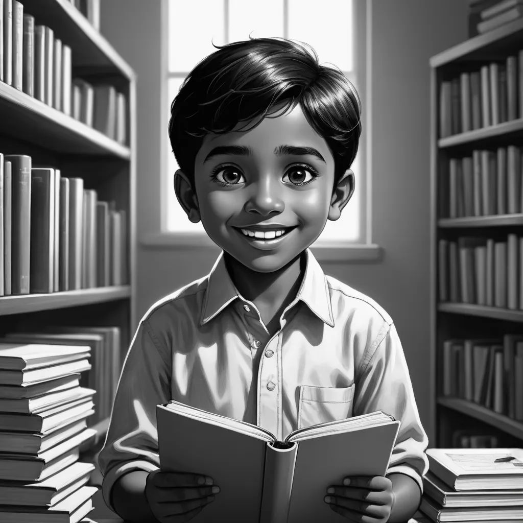 a boy is smiling while holding a book in a library with bookshelves behind him and a window, samikshavad, a storybook illustration, Anthony Devas, jayison devadas