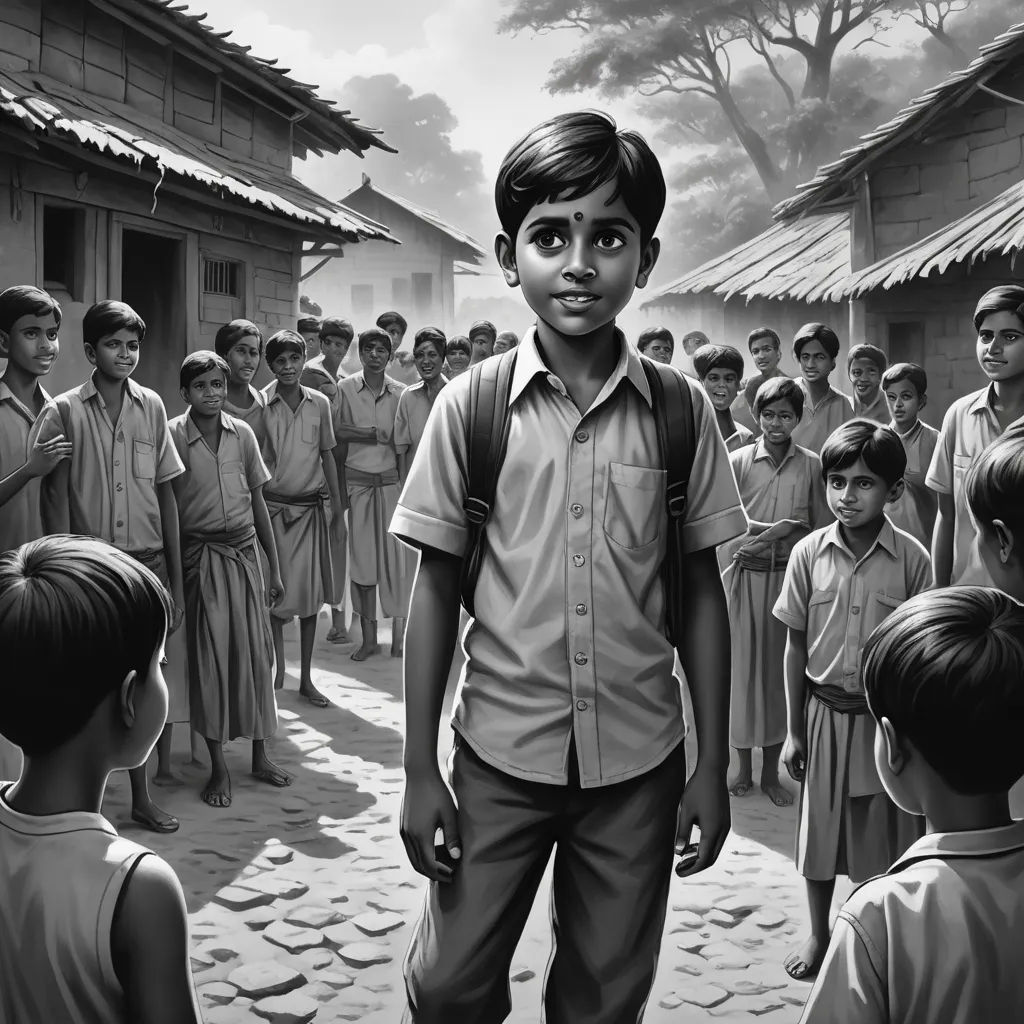 a black and white photo of a boy standing in front of a group of children in a village with a building, samikshavad, a storybook illustration, Bhupen Khakhar, storybook illustration