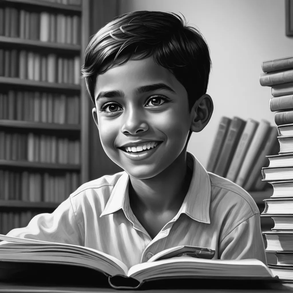 a boy is smiling while reading a book in a library with bookshelves in the background and a stack of books, samikshavad, a storybook illustration, Bikash Bhattacharjee, jayison devadas