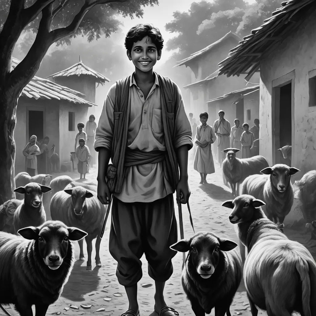 a man standing in front of a herd of sheep on a street with a man standing next to him, samikshavad, a storybook illustration, Brad Kunkle, storybook illustration