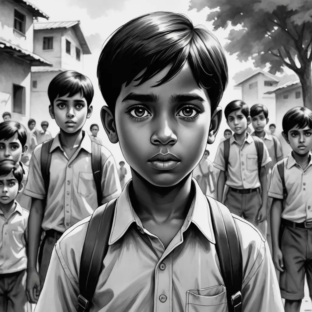 a black and white photo of a boy with a backpack in front of a group of school children in a village, samikshavad, a storybook illustration, Bhupen Khakhar, book cover