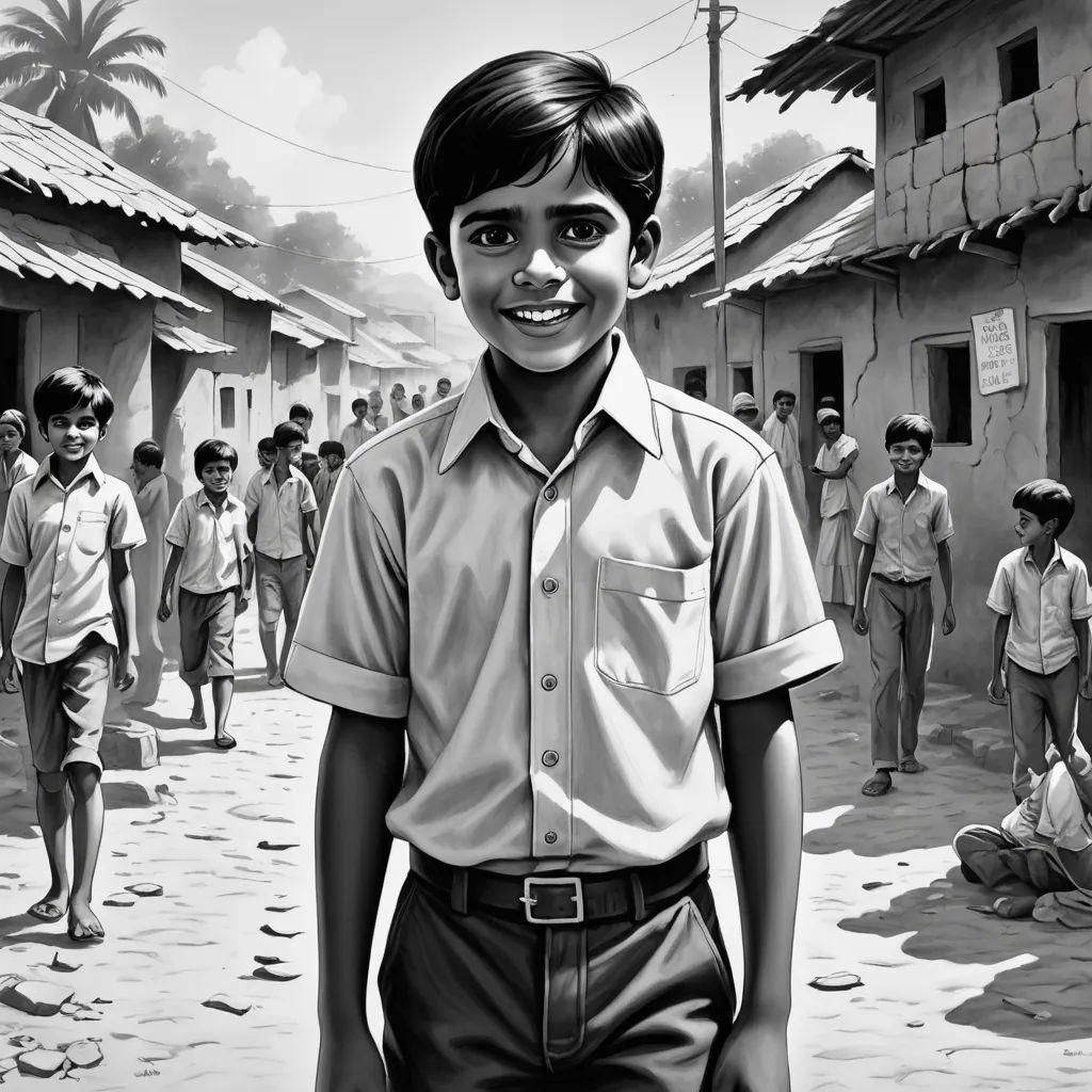 a black and white photo of a boy in a school uniform standing in a street with other boys in the background, samikshavad, a storybook illustration, Bhupen Khakhar, promotional image