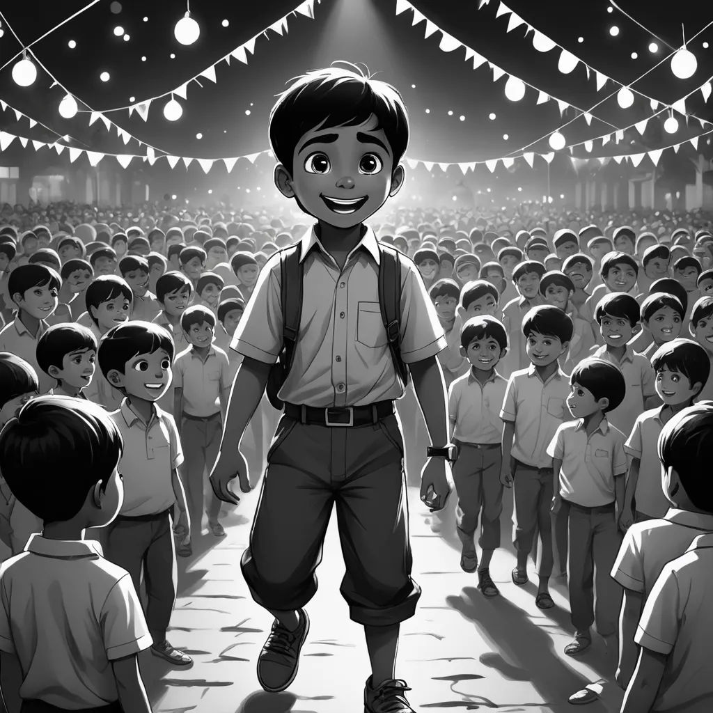 a boy standing in front of a crowd of children in a school hall with lights strung from the ceiling, samikshavad, a storybook illustration, Bhupen Khakhar, promotional image
