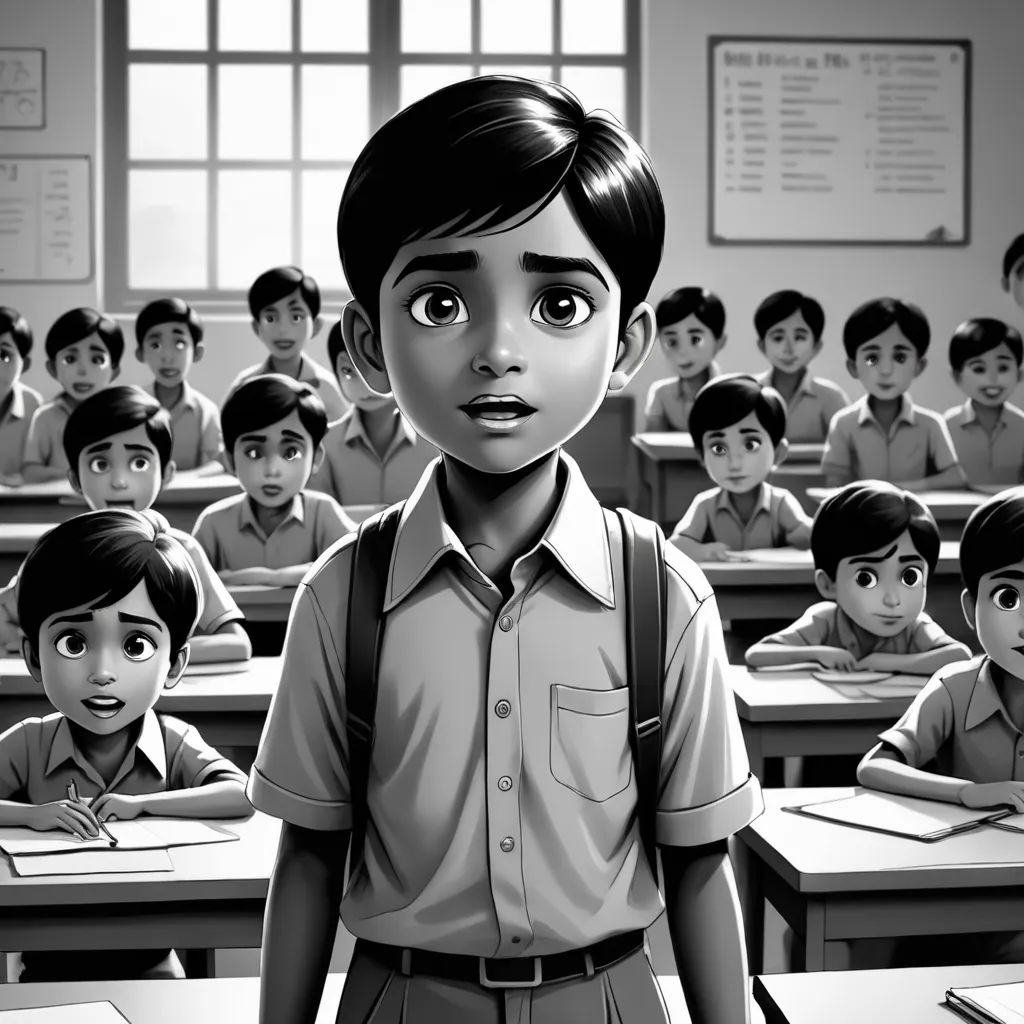 a cartoon of a boy standing in front of a classroom full of students in black and white colors, with a surprised look on his face, samikshavad, a comic book panel, Bapu, promotional image
