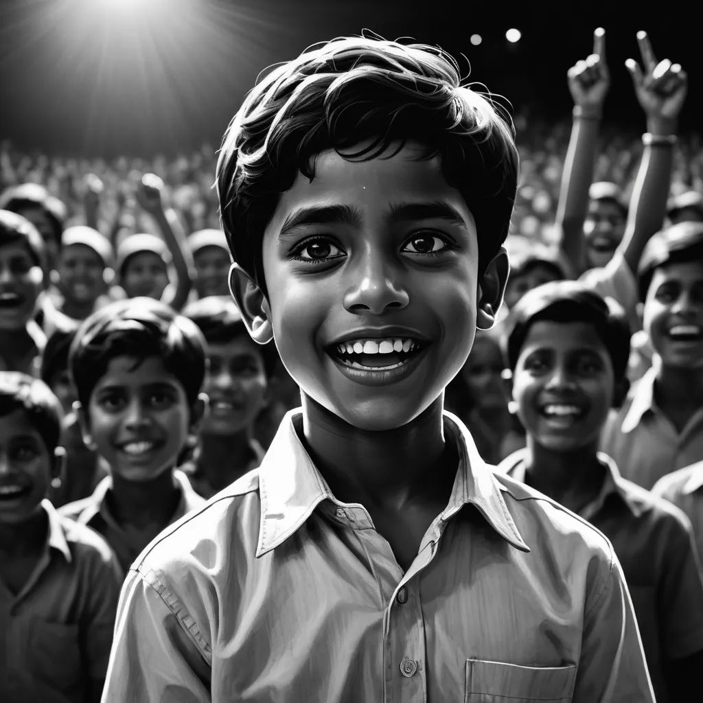 a boy is smiling and standing in front of a crowd of people with his hands up in the air, photorealism, a black and white photo, Brad Kunkle, cinematic photography