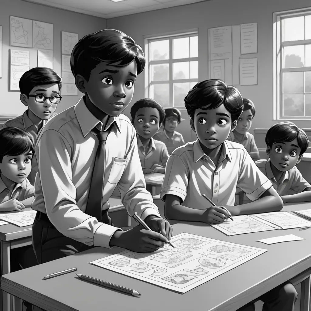 a black and white photo of a boy in a classroom with other children sitting at desks and writing, harlem renaissance, a comic book panel, Bhupen Khakhar, graphic novel