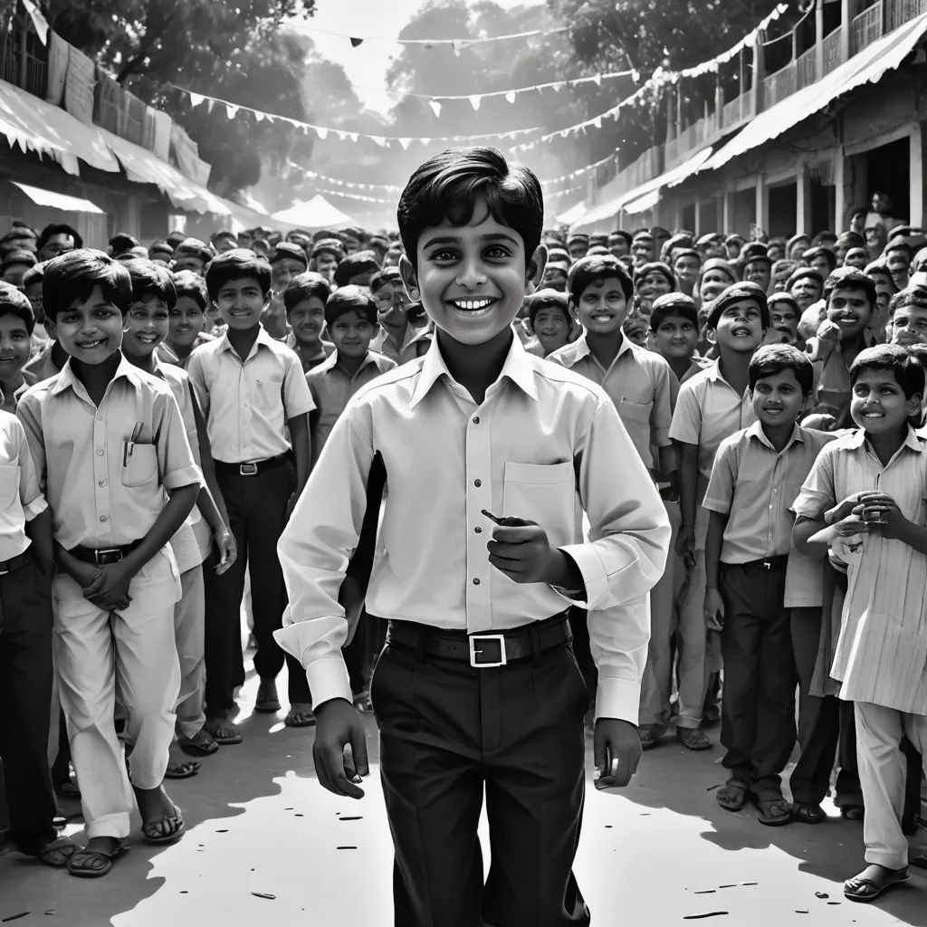 a boy in a dress shirt and tie standing in front of a group of school children in a courtyard, danube school, a black and white photo, Bikash Bhattacharjee, award-winning photograph