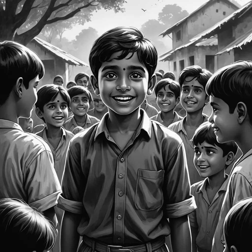 a black and white drawing of a boy surrounded by other boys in a village, with a building in the background, samikshavad, a storybook illustration, Bhupen Khakhar, book cover