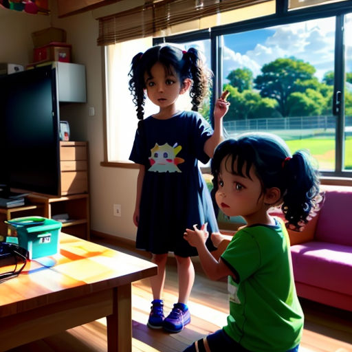 two children standing in a living room with a television on a stand and a couch in the background with a window