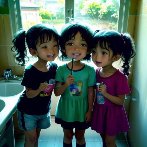 three little girls standing next to each other in a bathroom with a toothbrush in their mouth and a sink