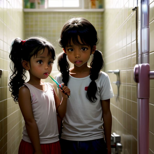 two young girls brushing their teeth in a bathroom stall with tiled walls and flooring, one girl is holding a toothbrush in her mouth