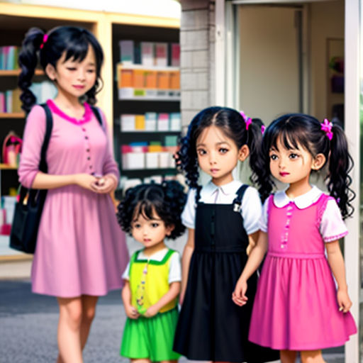 a group of young girls standing next to each other in front of a store front window with a woman holding a purse