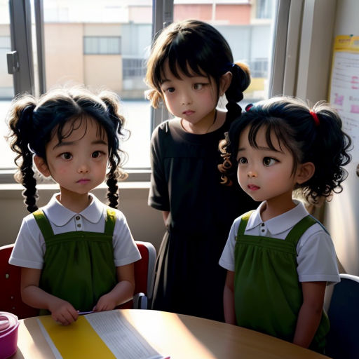 three little girls standing in front of a table with a book on it and a cup of coffee in front of them