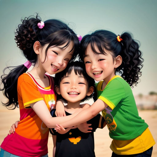 three young girls hugging each other on a beach with a sky background and a blue sky in the background