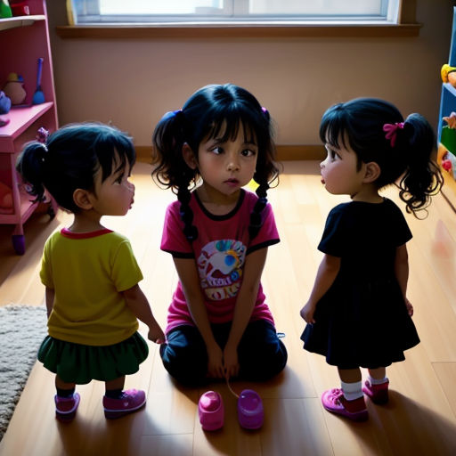 three little girls sitting on the floor in a room with toys and a window in the background, looking at each other