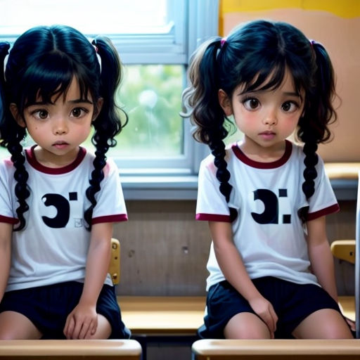 two little girls sitting on a bench with their hair in pigtails and wearing school uniforms with the letter c on them