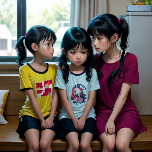 three young girls sitting on a bench next to each other in front of a window with a window sill