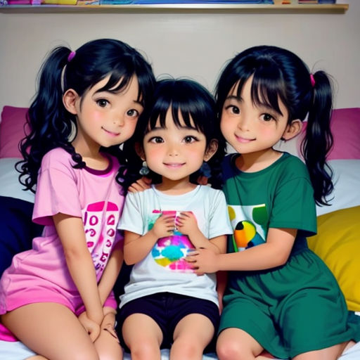 three little girls sitting on a bed together with their arms around each other and smiling at the camera,