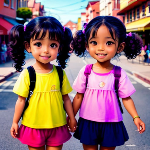 two little girls are standing on the street together, holding hands and smiling at the camera, with a city street in the background