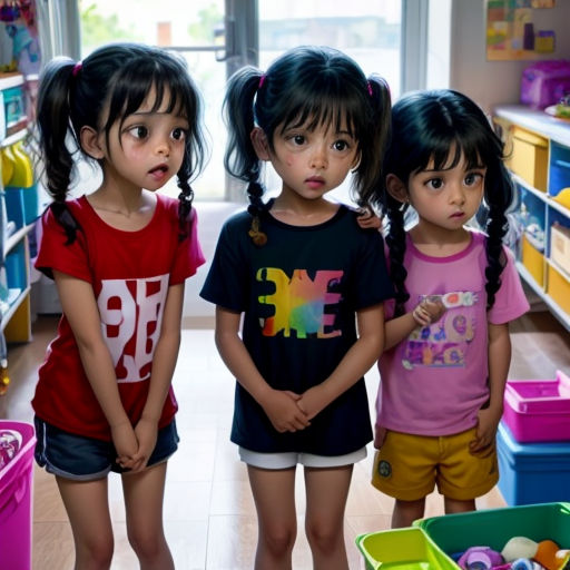 three little girls standing in a room with toys in the background and a shelf full of plastic bins