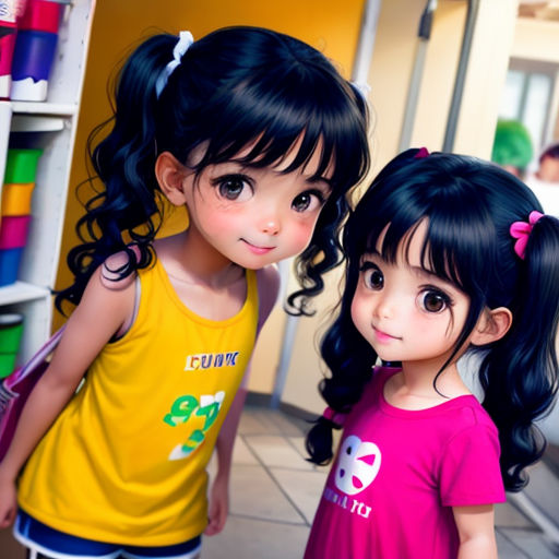 two little girls standing next to each other in a room with a book shelf and a book shelf behind them