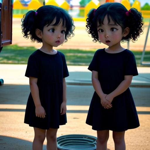 two little girls standing next to each other in front of a playground area with a slide and a play ground