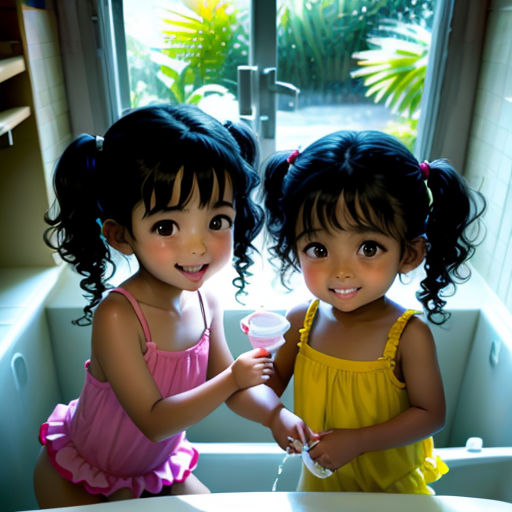 two little girls are playing in a bathtub together with a toothbrush and toothpaste in their hands