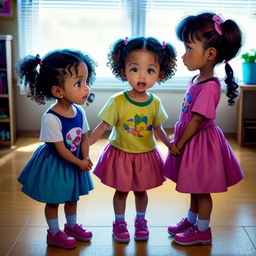 three little girls standing next to each other in a room with a window behind them and a potted plant