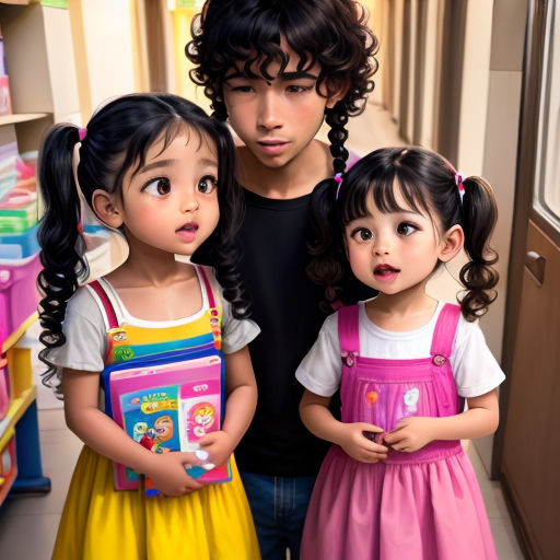 a couple of kids standing next to each other in a room with a book shelf and a window behind them