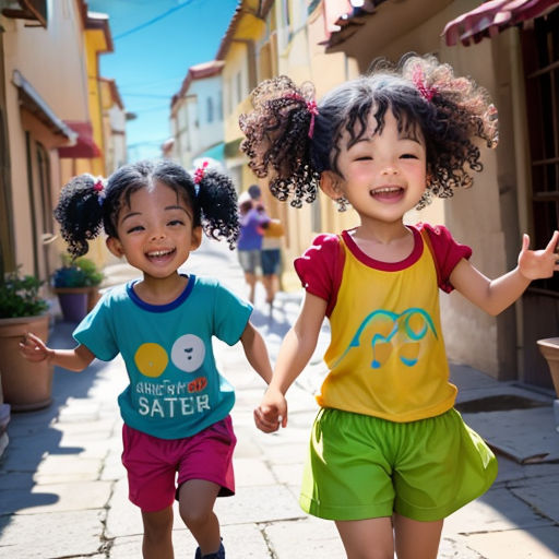 two young girls are walking down a sidewalk together, one is holding her hand out and the other is smiling