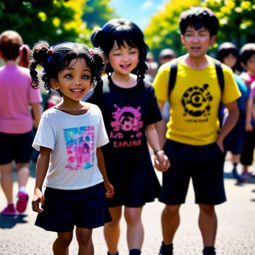 three children are standing in a line on a street with a skateboard in front of them and people in the background