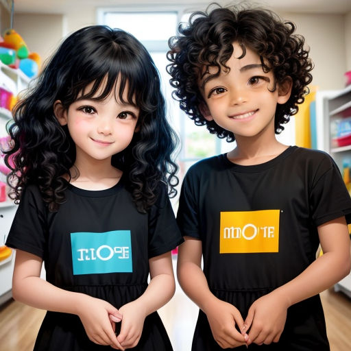 two children in black shirts standing next to each other in a store aisle with toys on the shelves behind them