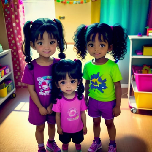 three little girls standing next to each other in a room with toys and a book shelf in the background