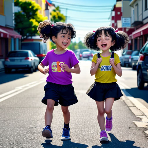 two young girls running down a street in the daytime with cars behind them and a building in the background