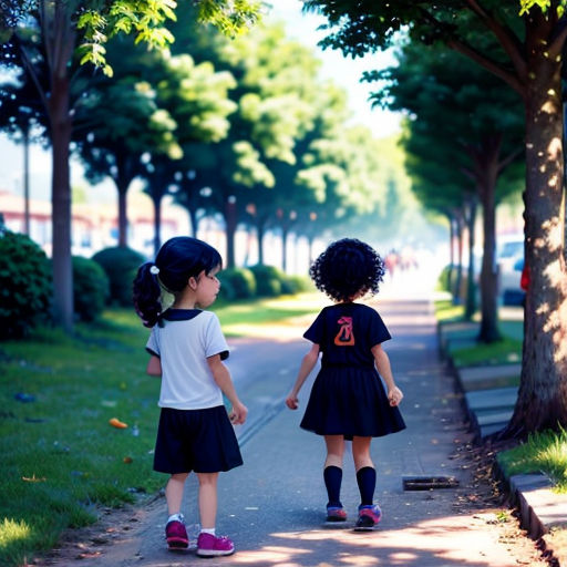 two little girls walking down a street holding hands and looking at each other's back, with trees and grass in the background