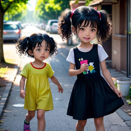 two little girls walking down a sidewalk next to a tree and a building with cars parked on the street