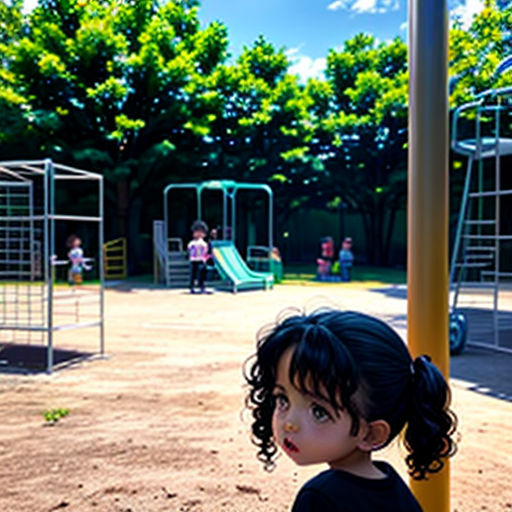a little girl standing next to a yellow pole in a park with a playground in the background and a playground with a slide