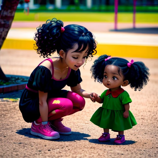 a little girl touching a little girl's hand on the ground in a park area with a tree in the background