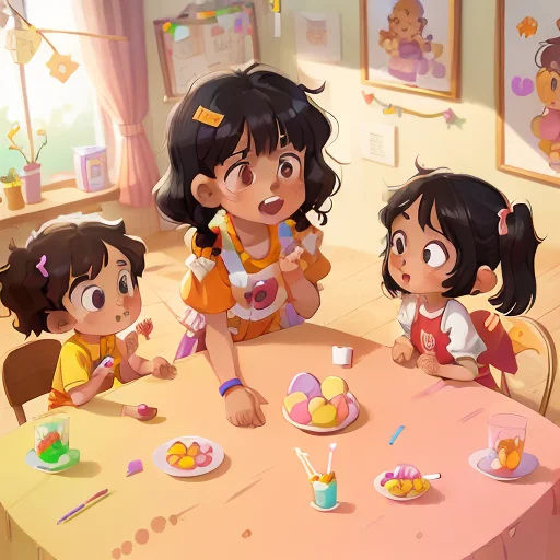 two little girls sitting at a table with a toothbrush in their mouth and one girl standing up with her mouth open